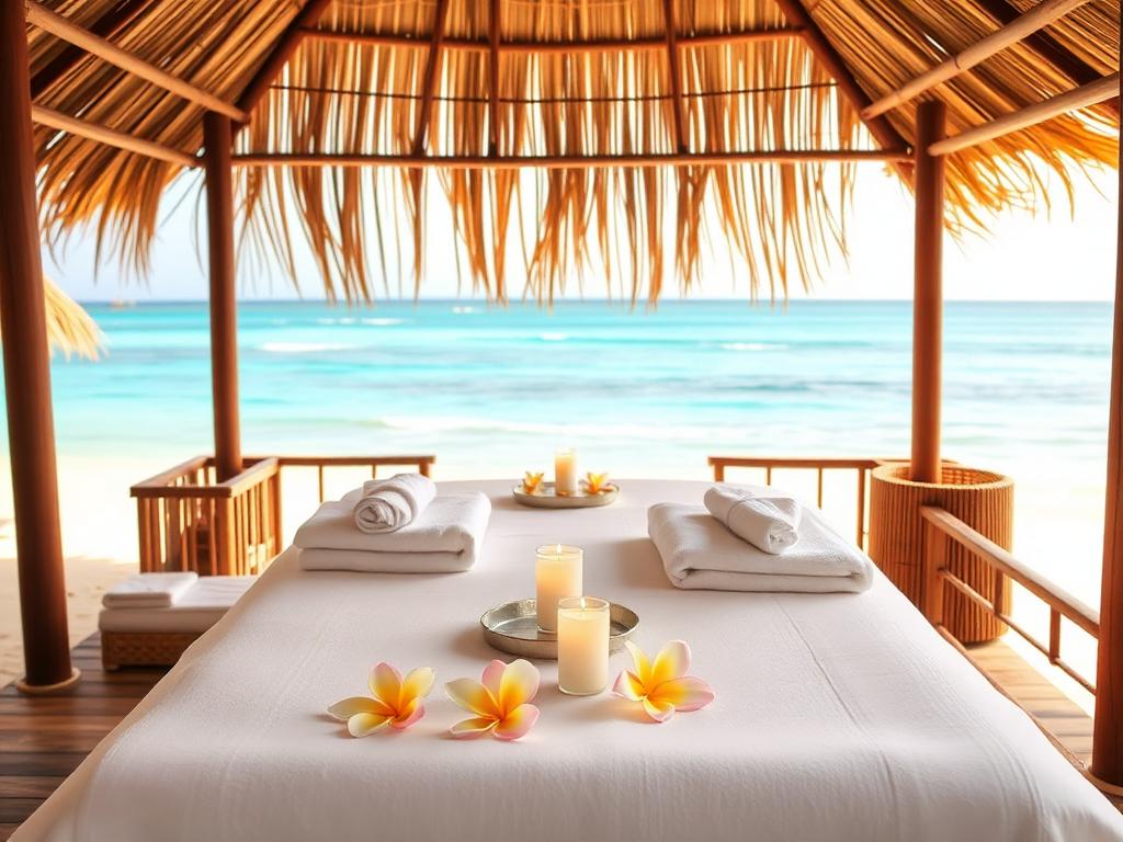 Beachfront massage bed with towels and frangipani at Kajibange Beauty & Spa